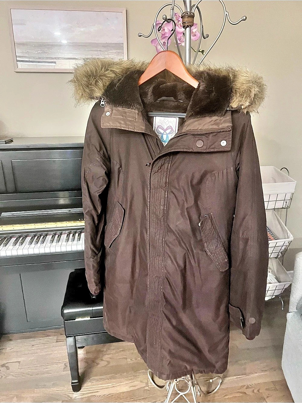 TNA Parka Fur-Lined Hooded Puffer Coat in Brown
